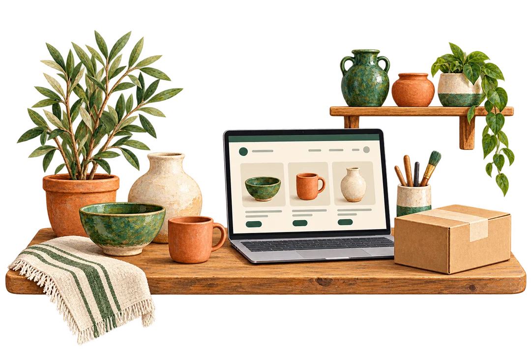 میز کار سفال با محصولات و فروشگاه اینترنتی روی لپتاپ